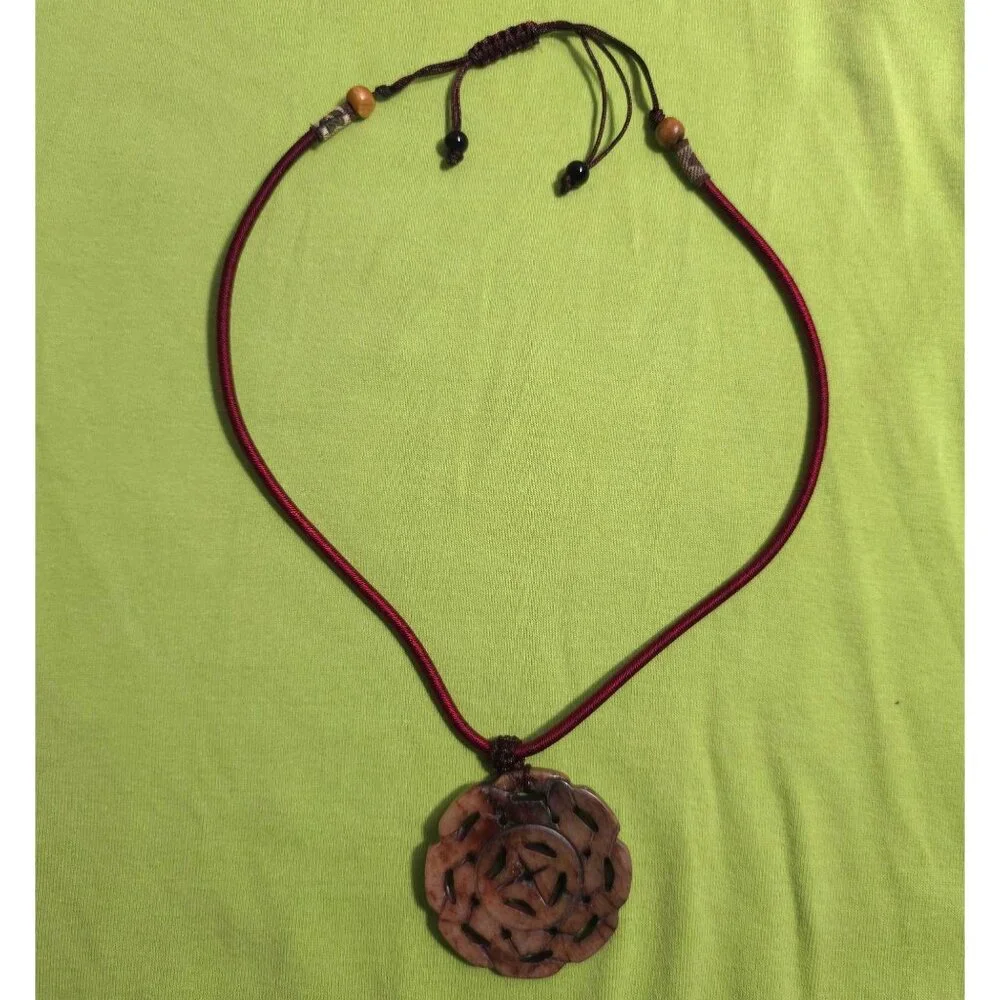 Hand-Carved Floral Jadeite Pendant Necklace With Adjustable Burgundy Cord - Picture 1 of 10